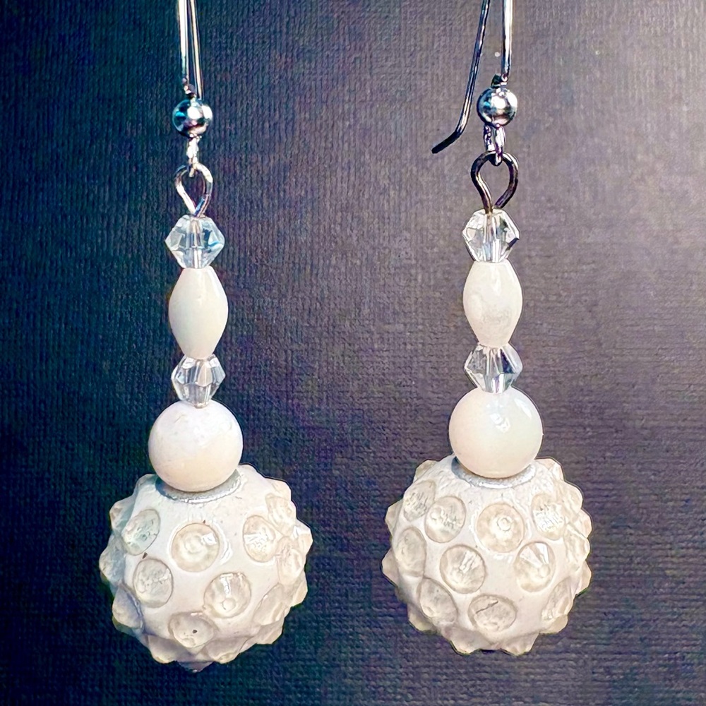 Earrings Pierced Handcrafted Unique Design White Bead Embedded With Rhinestones